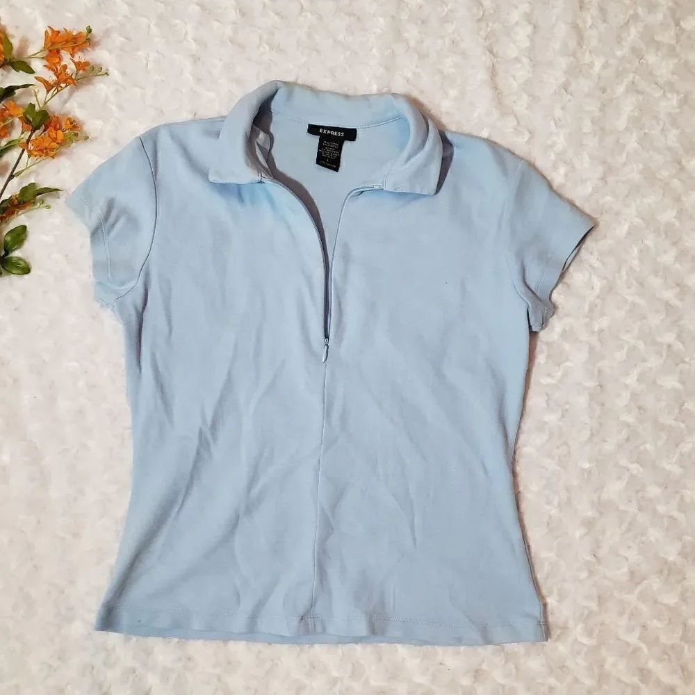 Express size large light blue collared half zip short sleeve shirt
